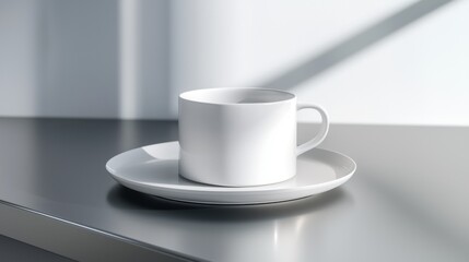 A white coffee cup and saucer sit on a table