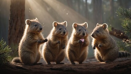 Fototapeta premium Four adorable quokkas standing together in a forest, illuminated by soft sunlight.