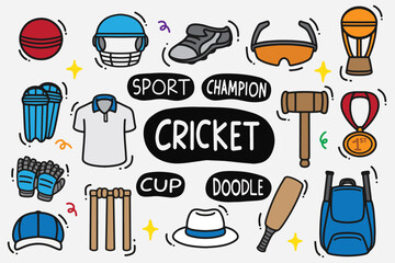set of cricket doodle with color good for sticker, background, wallpaper, element design, icon, badge, etc