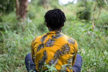 Man in Yellow Tropical Shirt Sitting in Lush Green Foliage