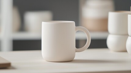 Fototapeta premium A white coffee cup sits on a table in front of a shelf of white ceramic cups