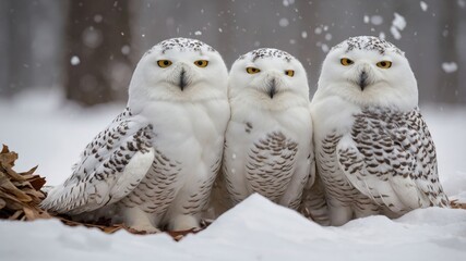 Three snowy owls perched together in a snowy environment, showcasing their striking features.