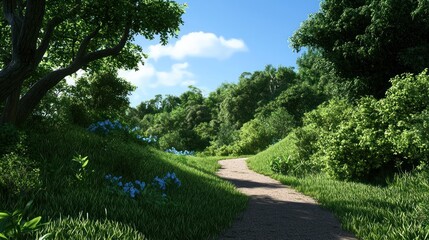 A serene pathway through a lush green landscape with flowers.