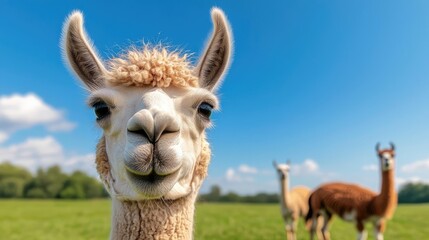 Obraz premium Close-up alpaca portrait, sunny pasture, other alpacas in background, farm animal stock photo