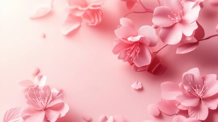 Fototapeta premium Delicate pink cherry blossoms arranged on a soft pink background with ample space for custom text and messages. Generative AI