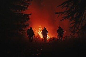 Fototapeta premium Firefighters Silhouetted Against Wildfire at Night