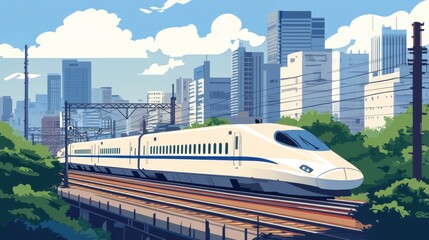 Naklejka premium High-Speed Train Traveling Through Cityscape under Clear Blue Skies with Modern Buildings and Lush Greenery in a Vibrant Urban Setting