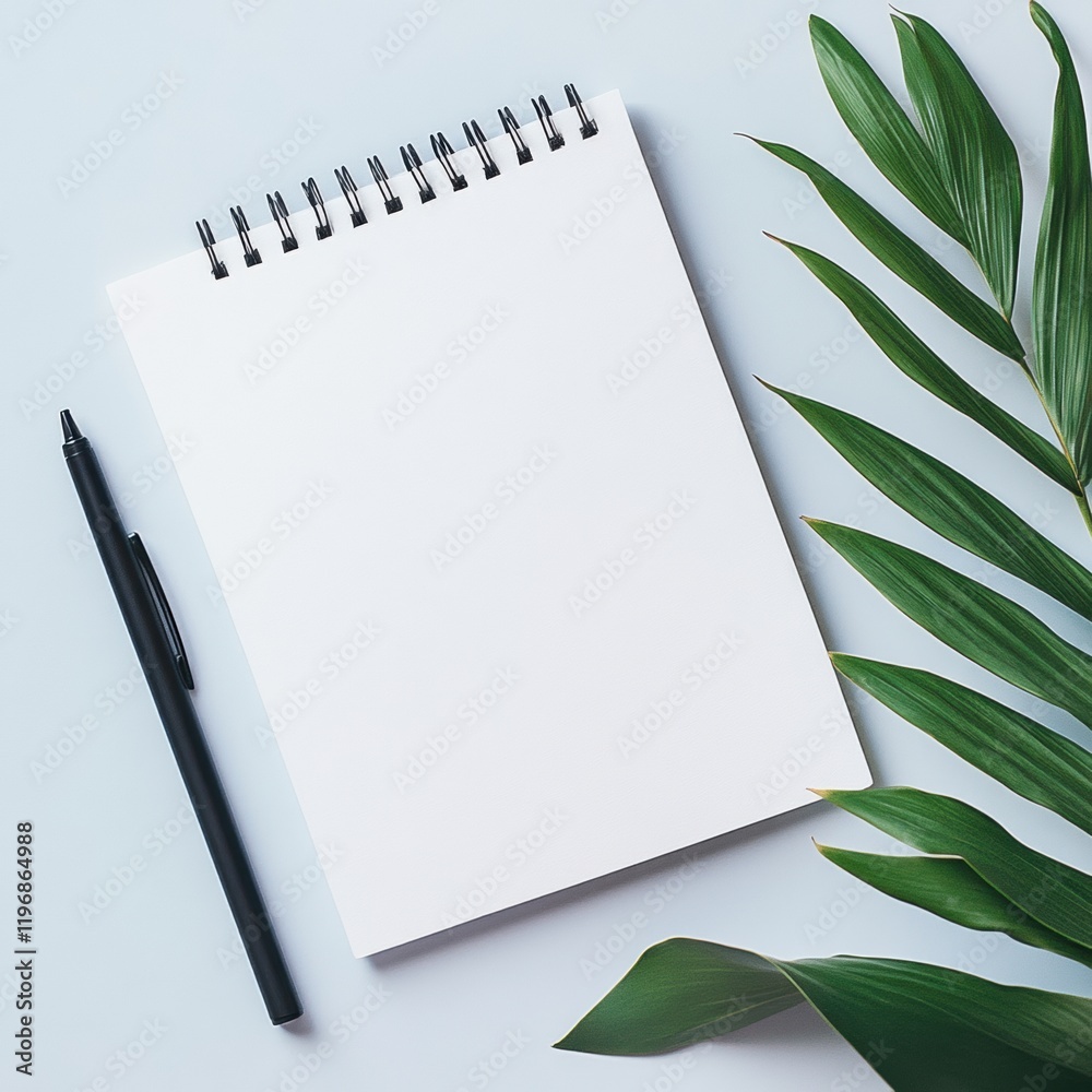 Aufkleber blank notepad and pen arranged with green leaves for creative ideas and planning in a serene setting