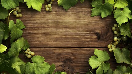 Rustic Wooden Background with Green Grapes and Leaves: A Perfect Frame for Wine Labels or Autumnal Designs