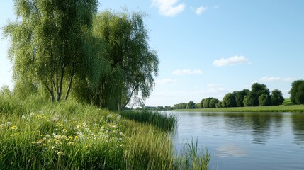 Serene riverside scene with lush greenery and gentle water reflections.