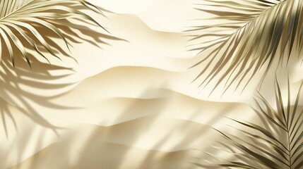 Obraz premium Tranquil sandy beach framed by palm leaves during golden hour, creating a serene atmosphere for relaxation and escape. Copy space