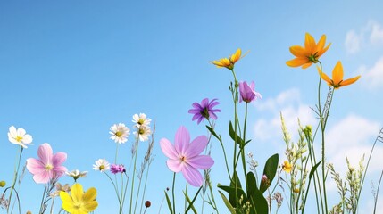 A vibrant field of wildflowers under a clear blue sky.