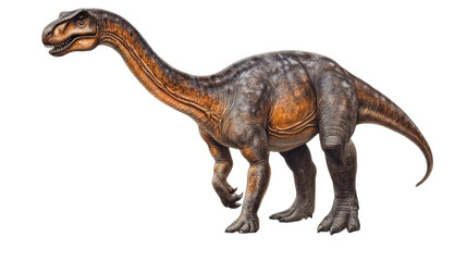 detailed illustration of dinosaur with long neck and robust body, showcasing its textured skin and distinctive coloration. This prehistoric creature evokes sense of wonder and curiosity