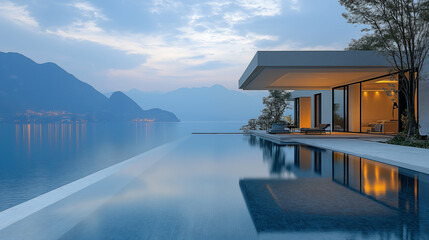 Fototapeta premium Infinity pool overlooking mountain lake at sunset, luxury vacation villa with modern architecture