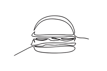 Single line drawing of hamburger . Silhouette of fast food restaurant burger with cheese, cutlet and salad.