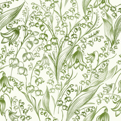 Beautiful vector vintage style pattern with hand drawn lily of the valley flowers in soft green tones