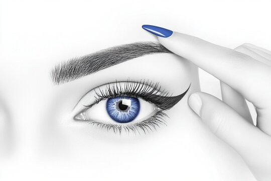 Primer plano art&iacute;stico de un ojo azul con delineado negro, cejas definidas y u&ntilde;as azules en fondo blanco, resaltando belleza y elegancia minimalista