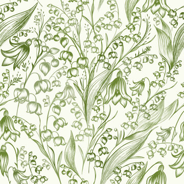 Beautiful vector vintage style pattern with hand drawn lily of the valley flowers in soft green tones