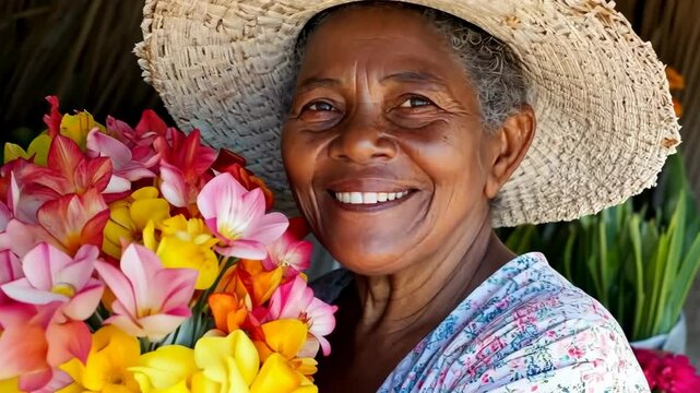 A dedicated flower vendor proudly presents a stunning array of colorful flowers at a lively local market. The joyful atmosphere captures the essence of community and nature