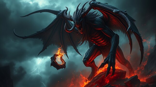 Powerful demonic creature with wings, holding fire, amidst stormy sky.