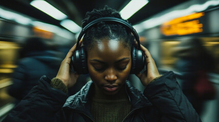 Fototapeta premium Woman adjusts her headphones while waiting for a train in a busy subway station during evening rush hour
