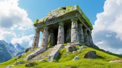 Ancient Temple Ruins Surrounded by Lush Greenery and Blue Sky