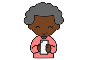 笑顔でスマホを操作する黒人のおばあさん