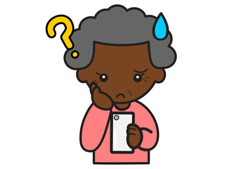 スマホを操作が分からない黒人のおばあさん