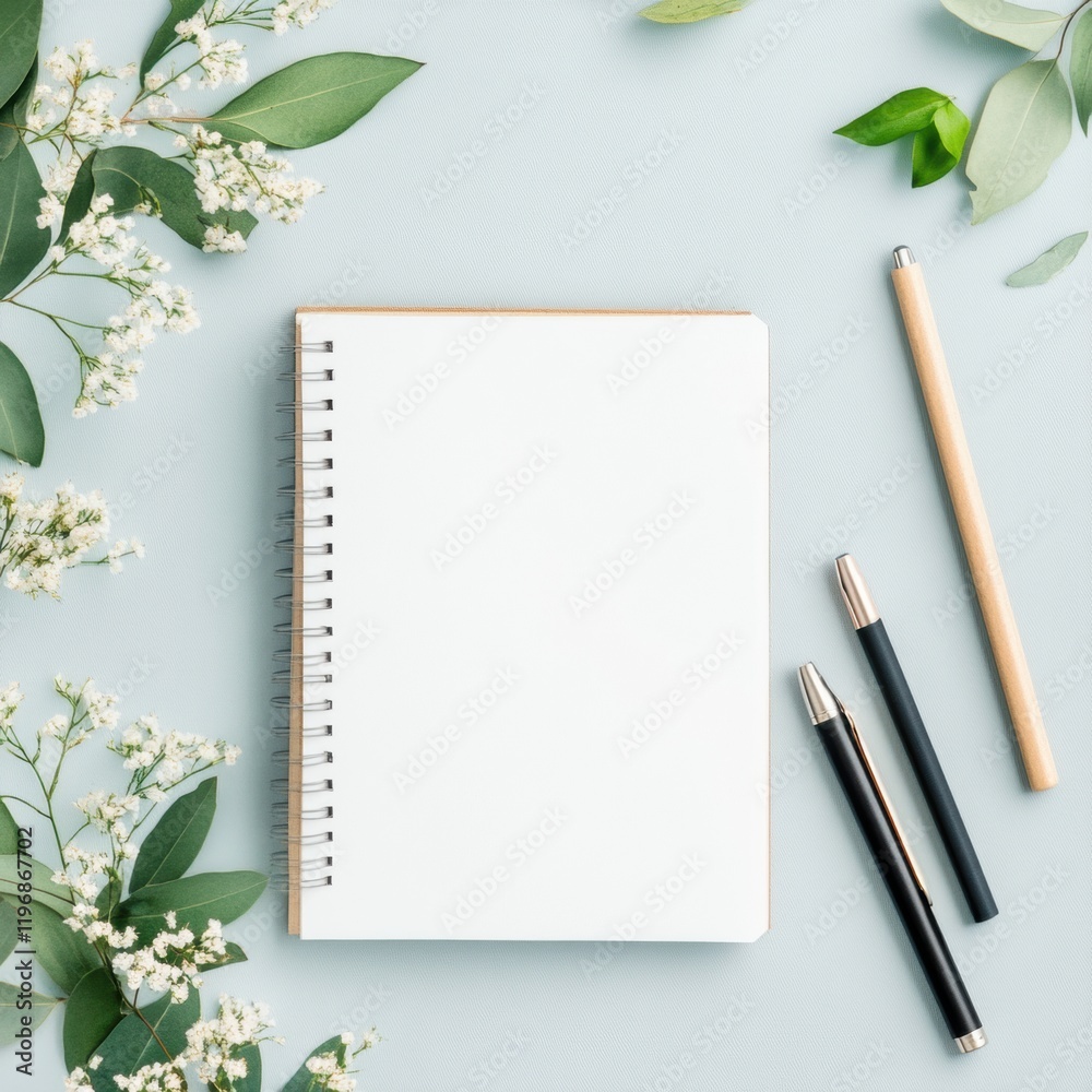 Poster blank notebook with pens and greenery arranged on a light background for creative ideas and writing.