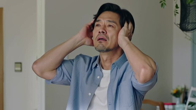 a man in the room was holding his head because of a headache and stress