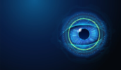 Abstract illustration of hud overlay over low poly human eye. Blue geometric background depicting computer vision, augmented reality, artificial intelligence technology concept by wireframe mesh