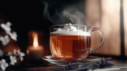 London Fog tea latte, steaming cup, creamy topping, moody setting, steaming latte, drink, hot drink.