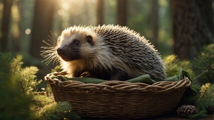 A hedgehog resting in a woven basket amidst a forest setting.