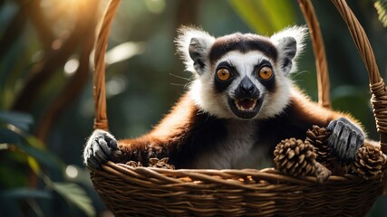 Obraz premium A playful lemur peeks out from a woven basket surrounded by greenery.