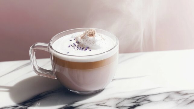 London Fog tea latte with froth, marble backdrop, steaming tea latte, creamy tea in soft light.