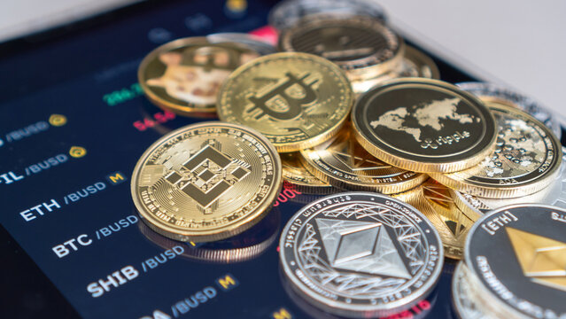 Bangkok, Thailand - 1 July 2021: Cryptocurrency Bitcoin BTC crypto currency blockchain token with altcoin digital asset coin, ETH Ethereumdefi p2p decentralized fintech trading cryptography market