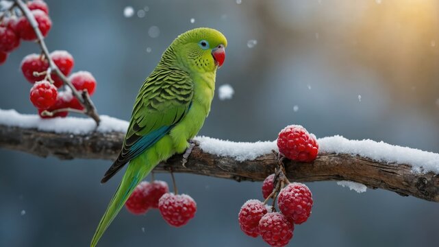 A vibrant green parakeet perched on a snowy branch with red berries, showcasing winter beauty.