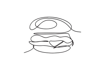 Single line drawing of hamburger . Silhouette of fast food restaurant burger with cheese, cutlet and salad.