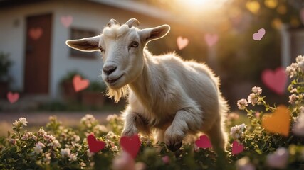 Fototapeta premium A playful goat surrounded by flowers and hearts, evoking joy and affection.