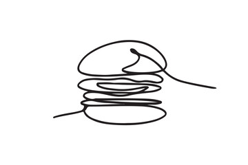 Single line drawing of hamburger . Silhouette of fast food restaurant burger with cheese, cutlet and salad.