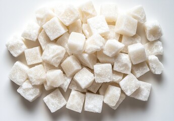 Pile of White Sugar Cubes on a Light Surface, Capturing the Sweetness of Granulated Sugar in a Minimalist and Clean Composition for Culinary Uses