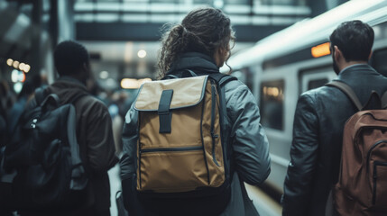 Fototapeta premium Travelers stand in a busy train station with backpacks and work bags waiting for their transport