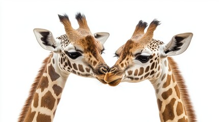 A neck nuzzling gesture between two animals set against a white background embodying affectionate closeness, trust, and bonding