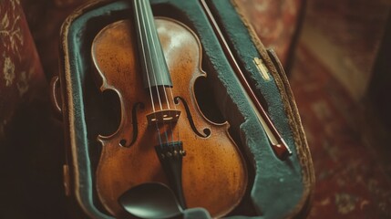 Fototapeta premium Antique Violin in Vintage Case Musical Instrument, Bow, Strings