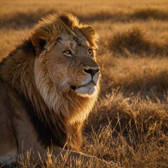 A lion basking in the golden glow of an early morning sun.