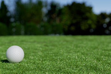 A golf ball rests on a lush green lawn under a clear sky. 3d rendering