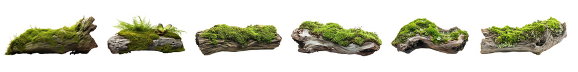 Fototapeta premium Moss driftwood plant png cut out element set, transparent background