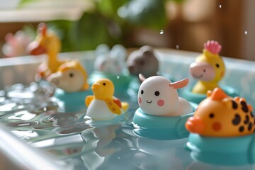 Cute animal bath toys floating in a baby tub