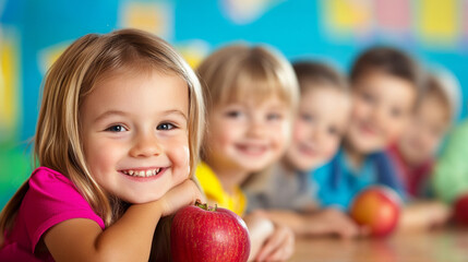 Fototapeta premium Kids enjoying a fun and cheerful classroom activity centered around apples while smiling and interacting with each other