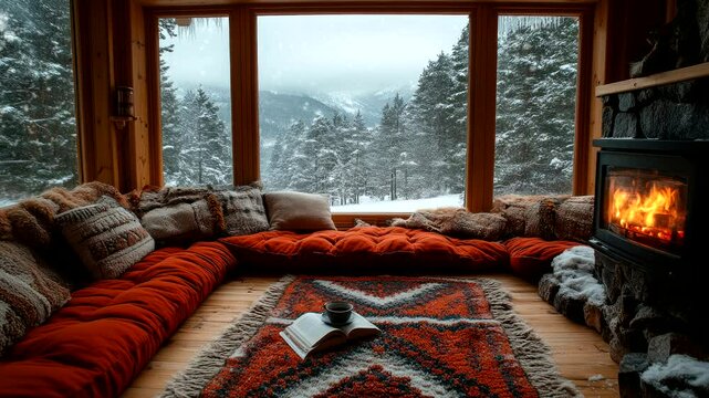 Cozy cabin interior with red cushions, wooden floors, snowy window view, seamless looping 4K time-lapse animation video background
